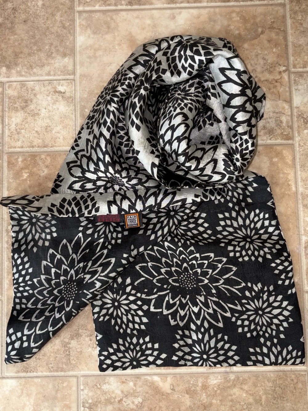 100% Silk Black and White Floral Scarf